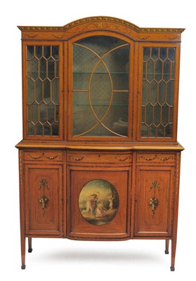 Lot 1368 - A Late 19th Century Satinwood, Tulipwood Banded and Floral Painted Display Cabinet, the arched...