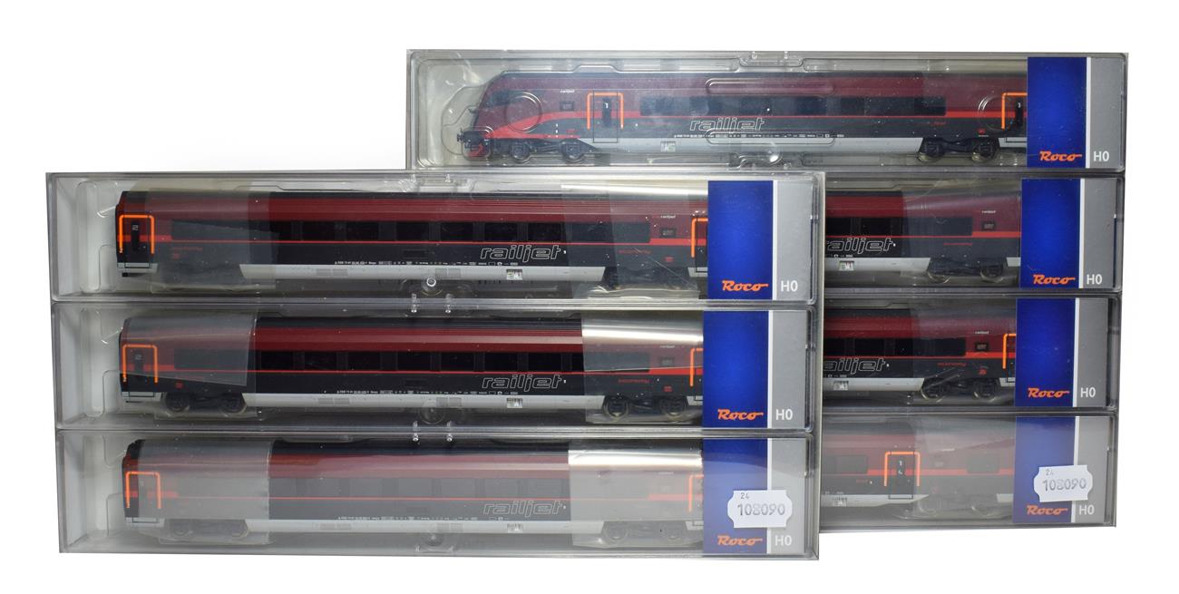 Lot 3381 - Roco HO Gauge 64178 Four Car OBB Railjet Set together with 64181 three car set, each item in...