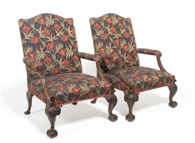 Lot 1392 - A Pair of George II Style Gainsborough Open Armchairs, 19th century, upholstered in modern blue and