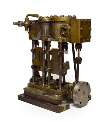 Lot 3436 - Brass Twin Expansion Marine Engine on wooden stand 9 1/2'', 24cm high