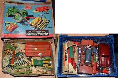Lot 3448 - Mettoy Modern Farming Mechanical Tractor Set (G-F, tractor steering wheel missing, box F)...