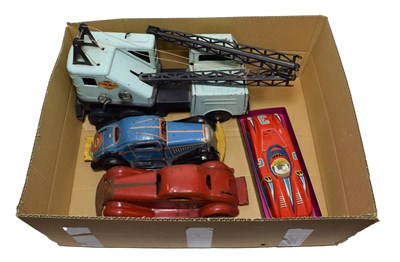 Lot 3454 - Various Tin Toys Lumar Powerhouse mobil crane, two c/w saloon cars (all F) and an Italian...