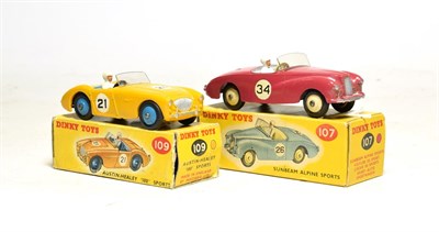 Lot 3507 - Dinky 107 Sunbeam Alpine cerise and 109 Austin Healey yellow (both E-G boxes G) (2)