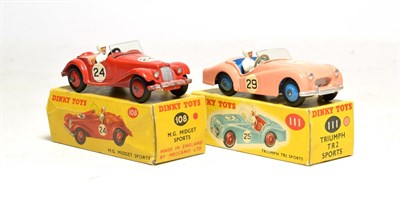 Lot 3508 - Dinky 108 MG Midget red (E-G box F-G), 111 Triumph TR2 pink (E box G-E) (2)