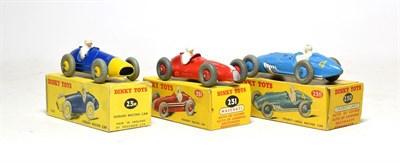 Lot 3532 - Dinky Racing Cars 23h Ferrari, 230 Talbot Lago (box G-F) and 231 Maserati (all E-G boxes G-E) (3)