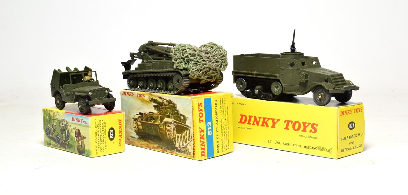 Lot 3546 - French Dinky Military 828 Jeep Porte Fusees SS10, 822 Half-track M3 and 813 Canon de 155 Automoteur