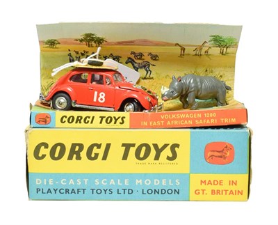 Lot 3561 - Corgi 256 Volkswagen 1200 In East Africa Safari Trim with rhino in display box (E, bonnet decal...