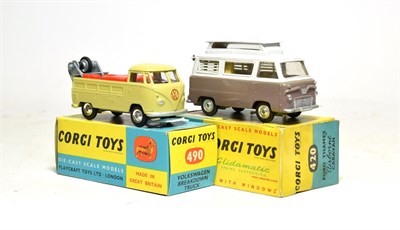 Lot 3571 - Corgi 490 Volkswagen Breakdown Truck (E box E) together with 420 Ford Thames Airbourne Caravan...