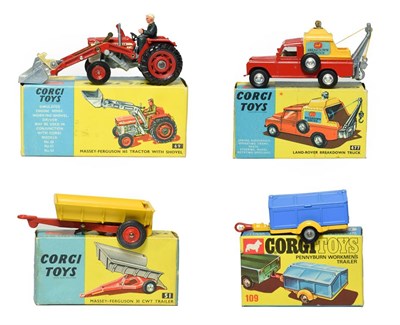 Lot 3574 - Corgi 69 Massey Ferguson 165 Tractor With Shovel together with 477 Land Rover breakdown truck,...