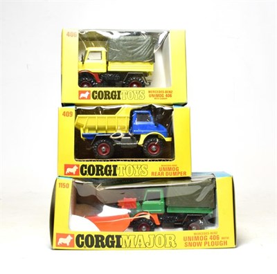 Lot 3592 - Corgi Mercedes Unimog Group 1150 Snow plough, 406 With canopy and 409 Rear dumper all in window...