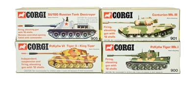 Lot 3593 - Corgi Military 900 Tiger I, 901 Centurion, 904 Tiger II and 905 SU100 (all E boxes E-G) (4)