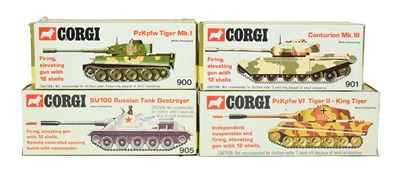 Lot 3594 - Corgi Military 900 Tiger I, 901 Centurion, 904 Tiger II and 905 SU100 (all E boxes E-G) (4)