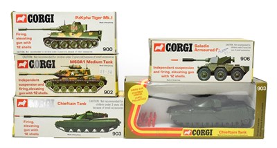 Lot 3595 - Corgi Military 900 Tiger I, 902 M60A1, 2x903 Chieftains (one in window box) and 906 Saladin...