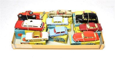 Lot 3598 - Corgi Vehicles 231 Triumph Herald gold/white 437 Superior ambulance (lacks lamp) 417 Land Rover...