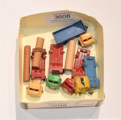 Lot 3608 - Benbros 45 Articulated Timber Lorries beige/red BPW, green/red BPW, red/red BPW and yellow/blue...