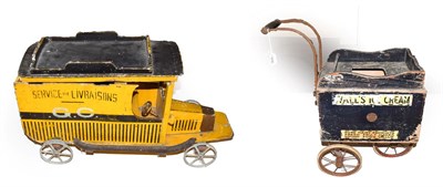 Lot 3650 - French Wooden Delivery Van 'Service De Livraisins yellow/black 25'' together with a three wheel...