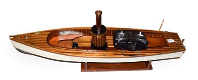 Lot 3657 - River Steam Launch Battery Operated Remote Control finished with white hull, two timber wood...