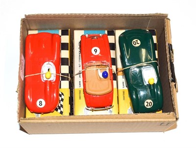 Lot 3663 - Scalextric Three Cars C174 Austin Healey 3000, C/60 (D) Jaguar and E/2 Aston Martin with lights...