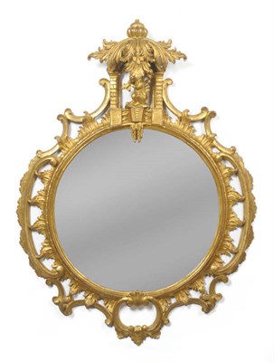 Lot 1420 - A Chinese Chippendale Style Gilt Gesso Wall Mirror, the circular plate within a leaf and C...