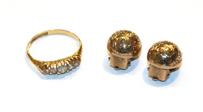 Lot 10 - An 18 carat gold diamond five stone ring, finger size N1/2 and a pair of 9 carat gold earrings,...