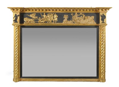 Lot 1422 - A Regency Gilt Gesso and Ebonised Overmantel Mirror, 2nd quarter 19th century, with a ball...