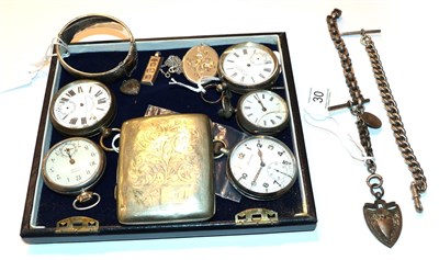 Lot 30 - A collection of five open faced pocket watches, two silver Albert chains, a silver bangle, a locket