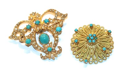 Lot 33 - A 9 carat gold seed pearl and turquoise brooch, length 4.1cm and a circular blue glass brooch,...
