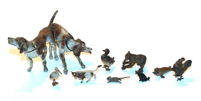 Lot 44 - Austrian cold painted bronze hounds and eight miniature Austrian cold painted animals, largest...