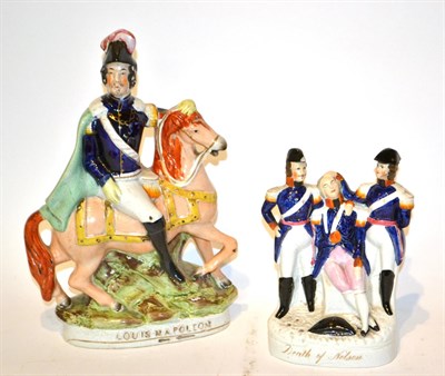 Lot 47 - Two Staffordshire figure groups ''Louis Napoleon'' and ''Death of Nelson'', 33cm and 21cm high.