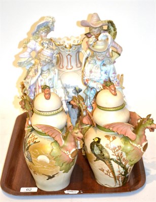 Lot 62 - Continental ceramics including a pair of Austrian blush ivory vases and covers, 24cm high, the twin