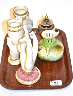 Lot 63 - A small quantity of Royal Worcester including a pair of vases modelled as hands, 15cm high; various