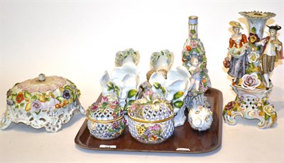 Lot 64 - Continental flower encrusted ceramics including two Dresden lattice and flower encrusted jars...