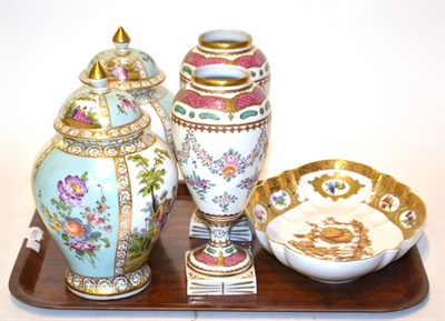 Lot 65 - A pair of Dresden vases and covers, a pair of Samson vases and a Limoges dish (5)