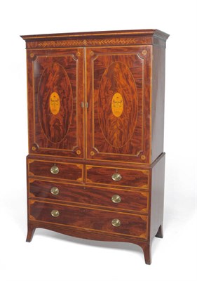 Lot 1429 - A George III Mahogany, Satinwood Banded Inlaid Linen Press, late 18th century, the moulded...