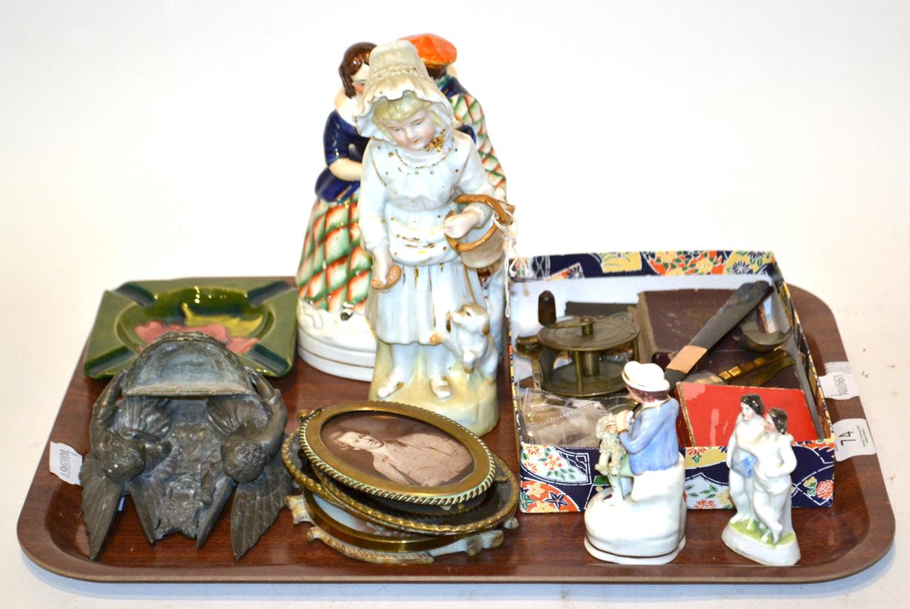 Lot 74 - A quantity of assorted items including Moorcroft ashtray, four Staffordshire figures, a lead...
