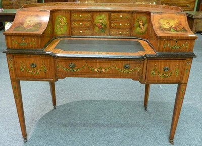 Lot 1430 - An Edwardian Satinwood and Floral Painted Carlton House Desk, painted with classical figures...