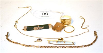 Lot 99 - A 22 carat gold band ring, finger size L; a signet ring, finger size U; a bar brooch, stamped...