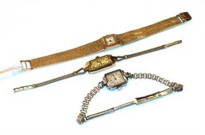 Lot 100 - A lady's 'Cyma' gold wristwatch, an Art Deco lady's wristwatch and a steel lady's wristwatch (3)