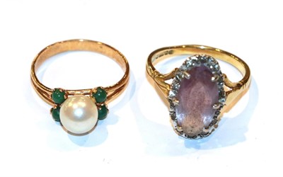 Lot 102 - An 18 carat gold amethyst and diamond cluster ring, finger size N1/2 and a cultured pearl ring,...