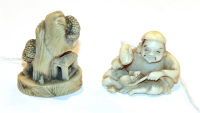 Lot 116 - Japanese ivory netsuke, figure beside a rat and a mallet, 3cm high; and another figure beside...