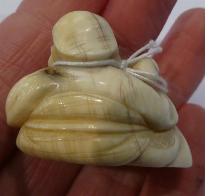 Lot 116 - Japanese ivory netsuke, figure beside a rat and a mallet, 3cm high; and another figure beside...