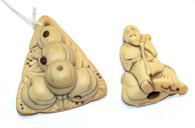 Lot 117 - Japanese ivory netsuke, lychees on a leaf together, 5.5cm high; with a figure of an elderly...