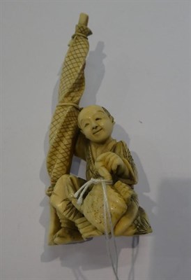Lot 120 - Japanese ivory okimono, fisherman with net, 9.5cm high; another as a biwa player, 4.5cm high...