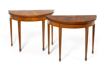 Lot 1435 - A Pair of George III Style Mahogany, Satinwood, Tulipwood Banded and Marquetry Card Tables, each of