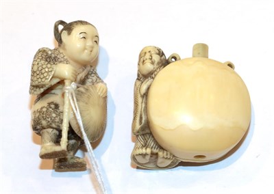 Lot 137 - Japanese ivory netsuke, figure beside a large flask, 3.5cm high, and a man with a straw hat,...