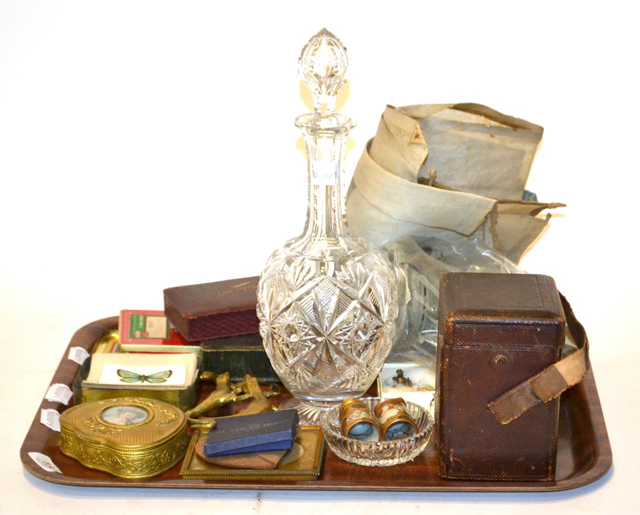Lot 157 - Brass carriage clock, silk cigarette cards, playing cards, scales, decanter, etc