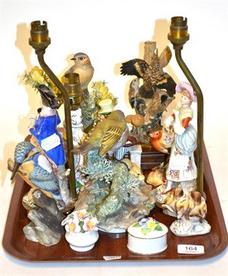 Lot 164 - A collection of assorted 20th century porcelain figural lamps, bird figurines, floral baskets,...