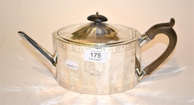 Lot 175 - A George III silver tea pot, London marks with crest together with a pair of stirs and a pair...