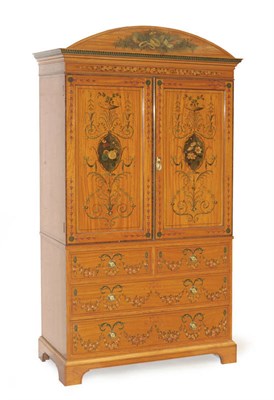 Lot 1440 - A Fine Satinwood and Floral Painted Linen Press, circa 1900, the domed pediment richly painted with