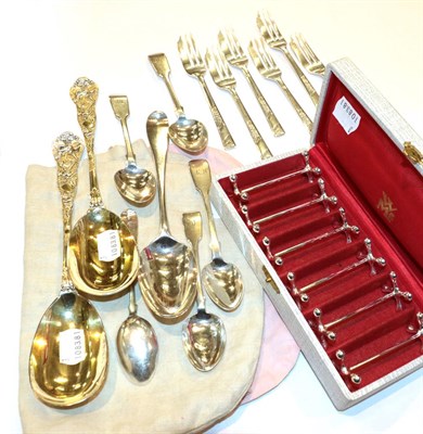 Lot 200 - A collection of George II and later flatware, including: a Hanoverian pattern table-spoon; five...